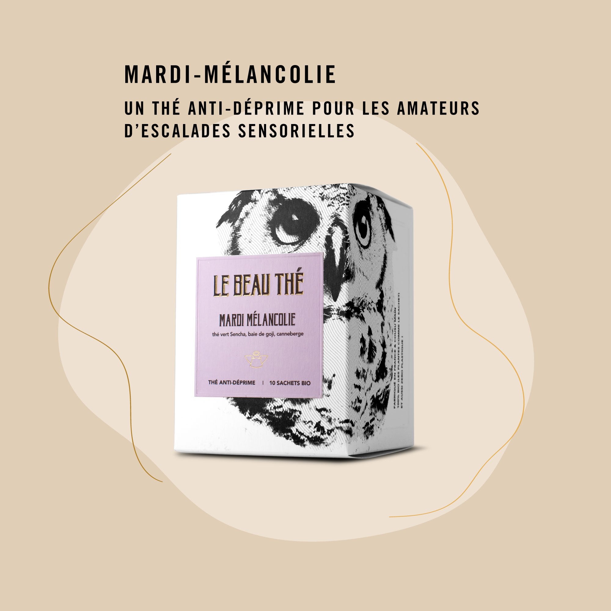Sachet de thé personnalisé par Le Beau Thé pour un mariage bohème avec le thé mardi mélancolie, cadeau d’invité idéal