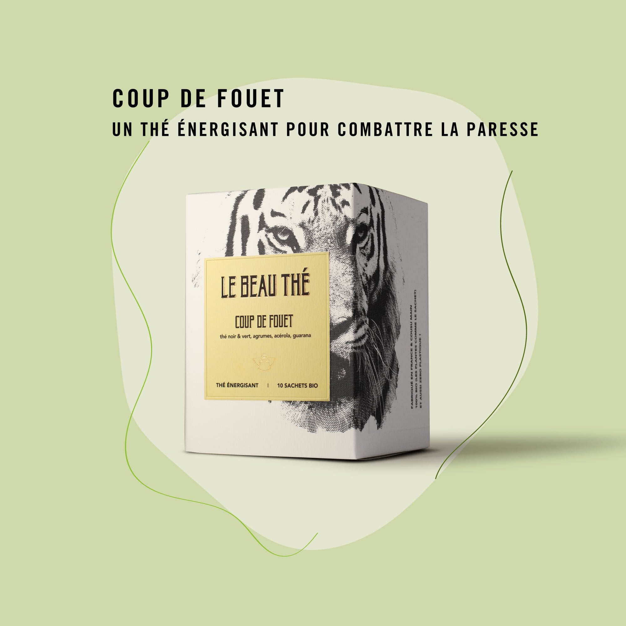 Sachet de thé personnalisé par Le Beau Thé pour un mariage design et graphique avec le thé énergisant Coup de Fouet, cadeau d’invité idéal