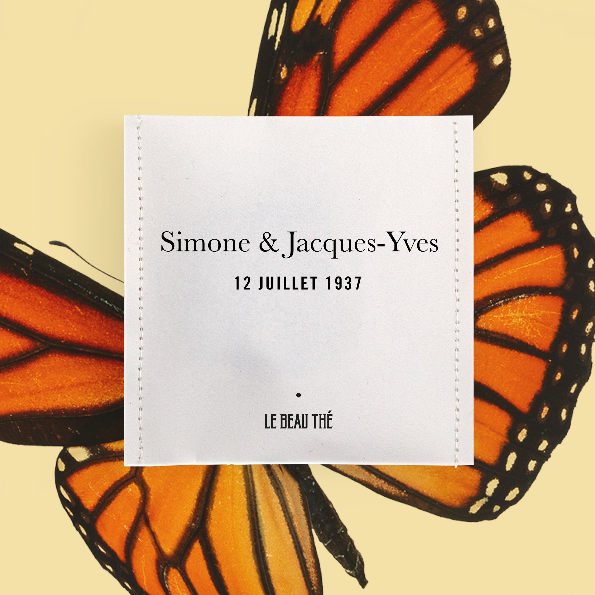Sachet de thé personnalisé par Le Beau Thé pour un mariage écologique avec Cousteau cadeau d’invité idéal