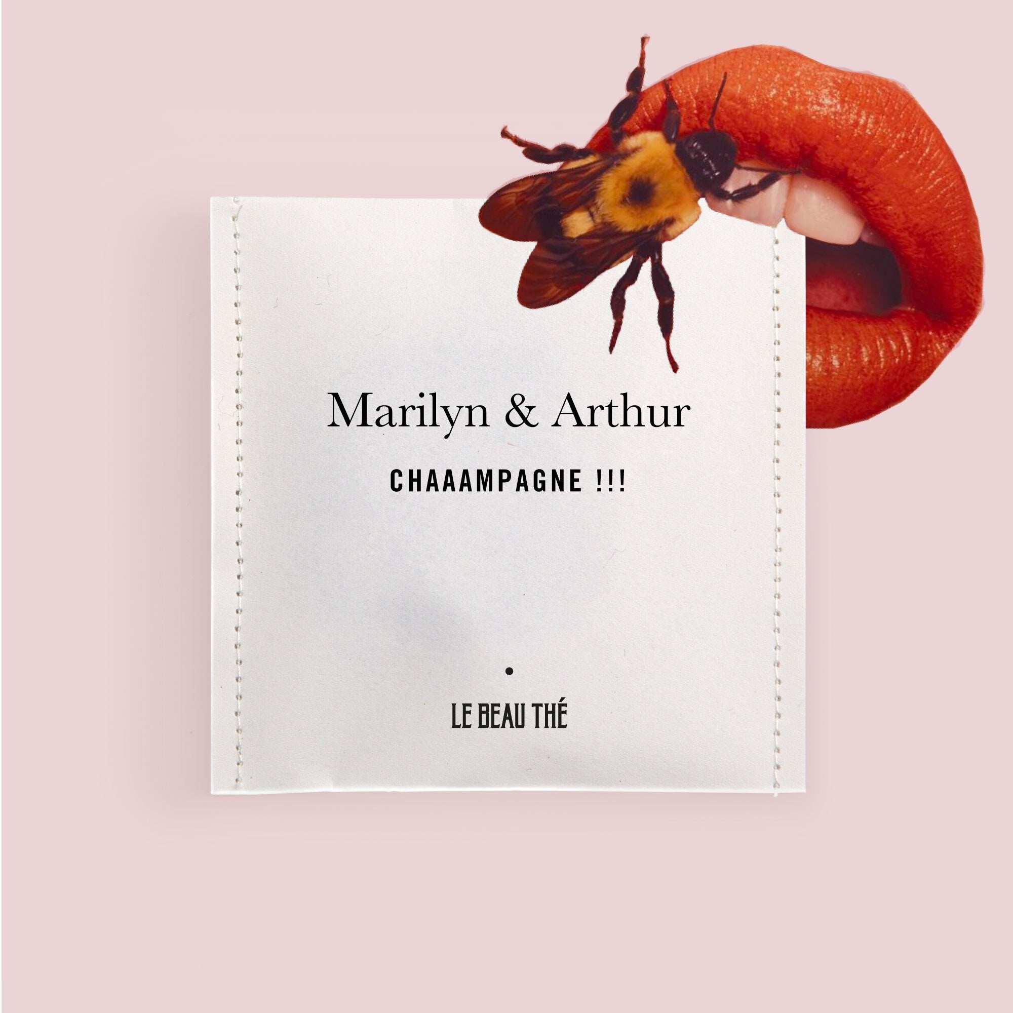 Sachet de thé personnalisé par Le Beau Thé pour cadeau d’invité d’un mariage glamour avec Marilyn Monroe, lèvres et abeille