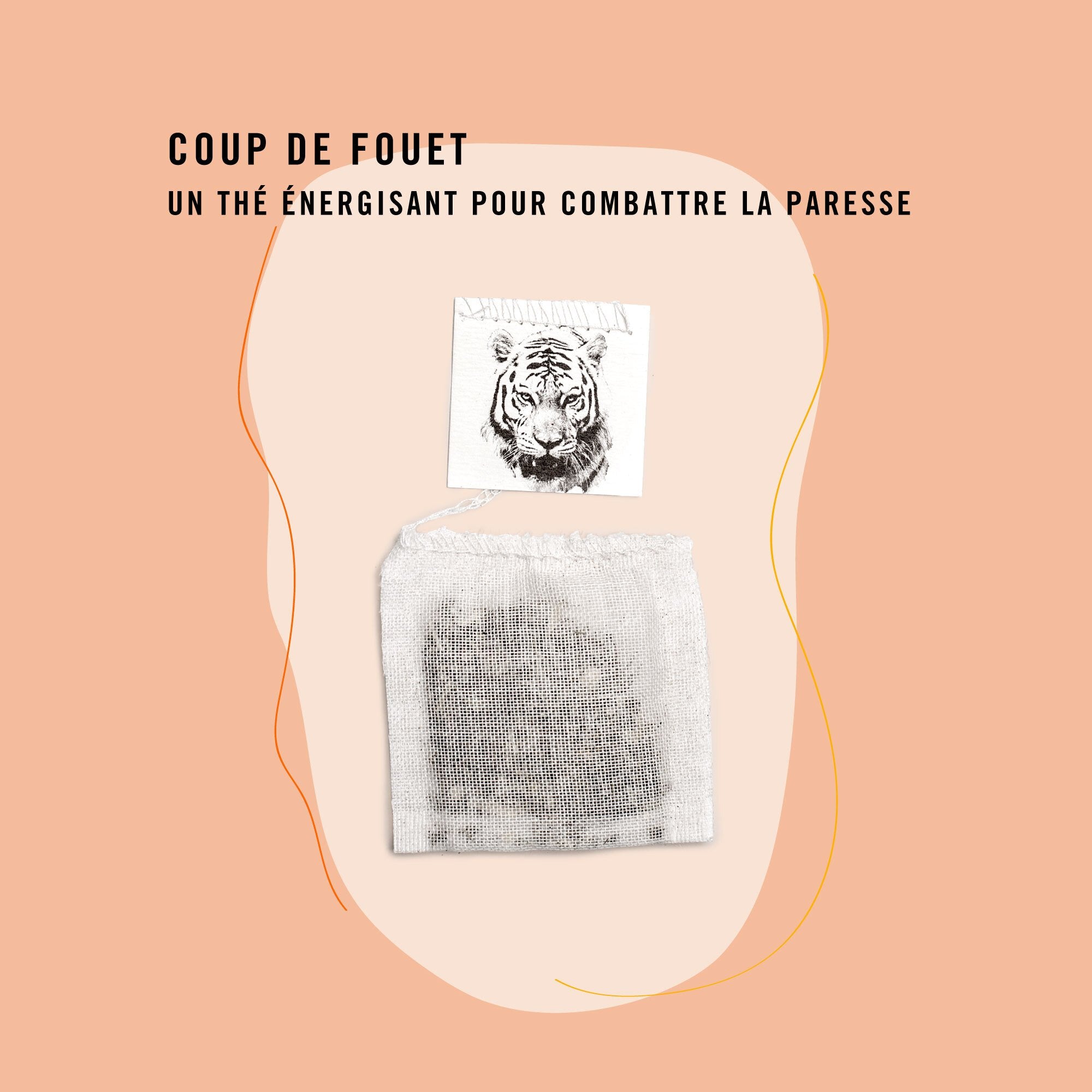 Sachet de thé personnalisé par Le Beau Thé pour un mariage hippie-chic avec le thé énergisant Coup de Fouet, cadeau d’invité idéal