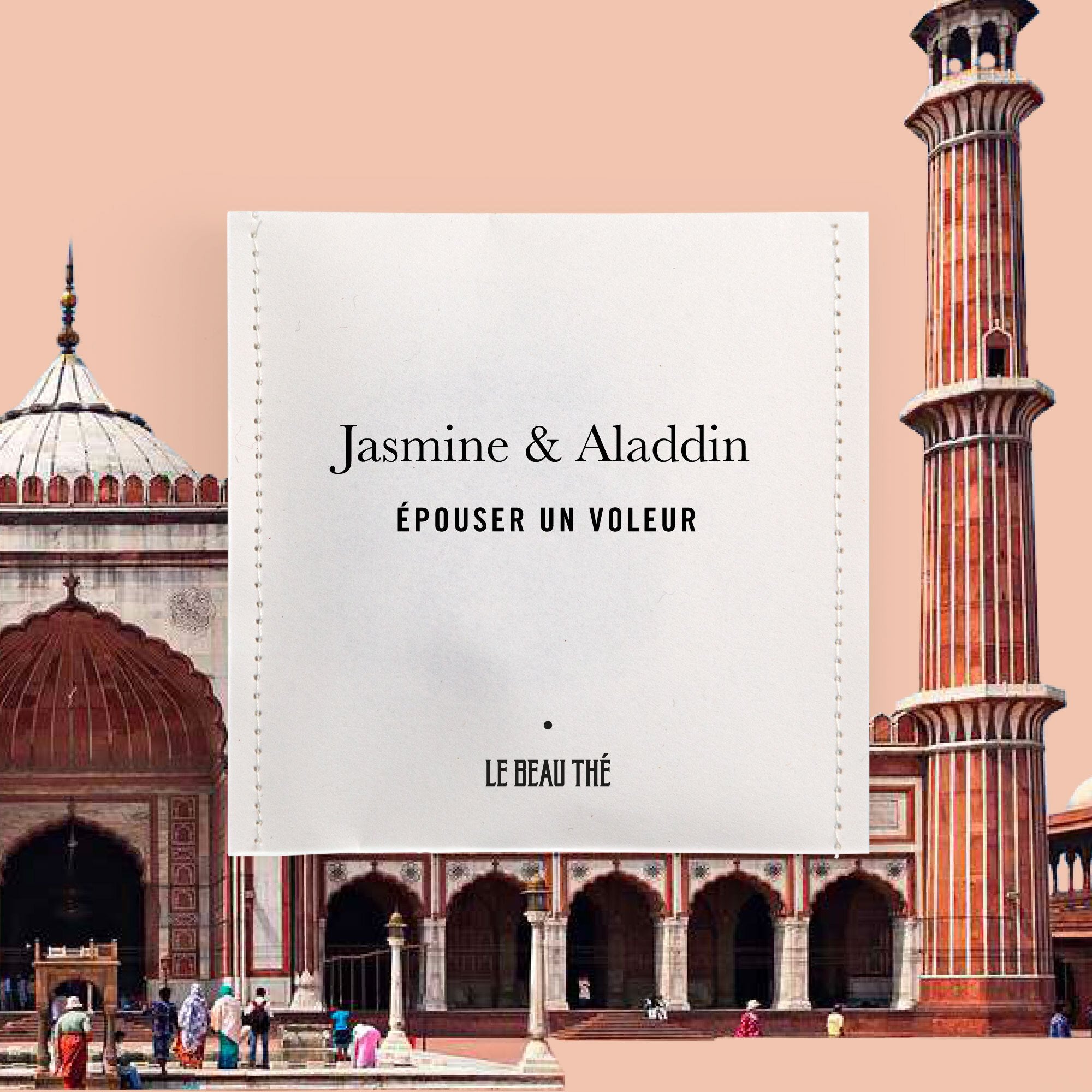 Sachet de thé personnalisé par Le Beau Thé pour un mariage oriental avec Aladdin et Jasmine, cadeau d’invité idéal