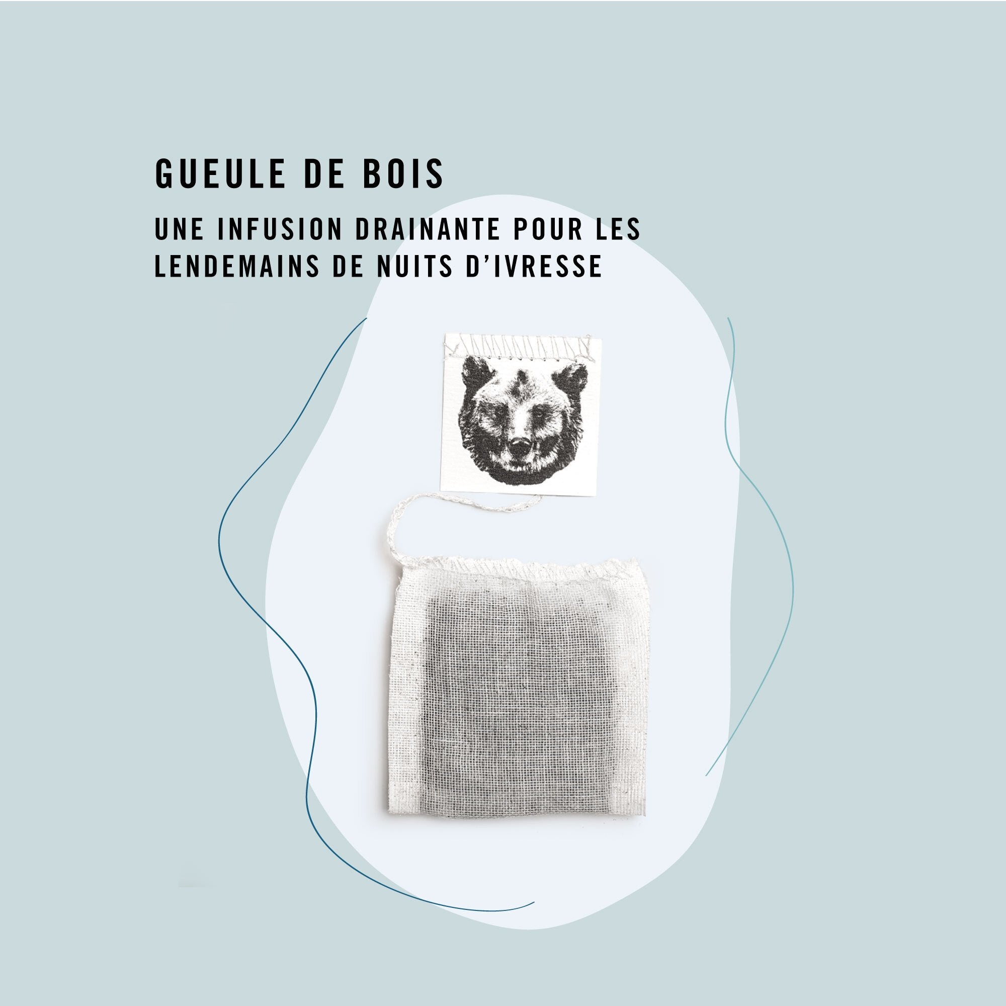 Sachet de thé personnalisé par Le Beau Thé pour un mariage plage avec l’infusion drainante Gueule de Bois, cadeau d’invité idéal