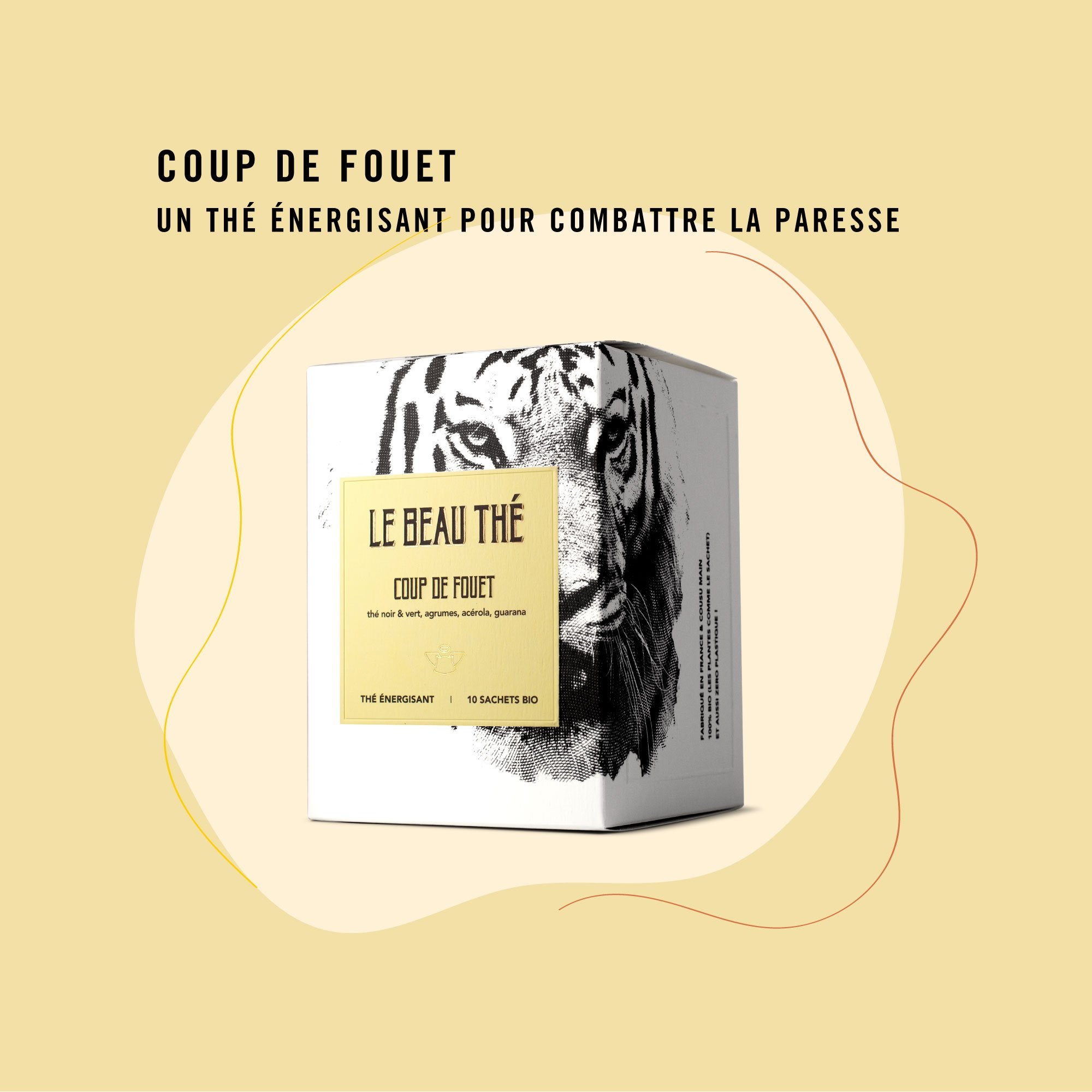 Boite de sachets de thé personnalisés par Le Beau Thé, saveur coup de fouet pour un mariage voyage