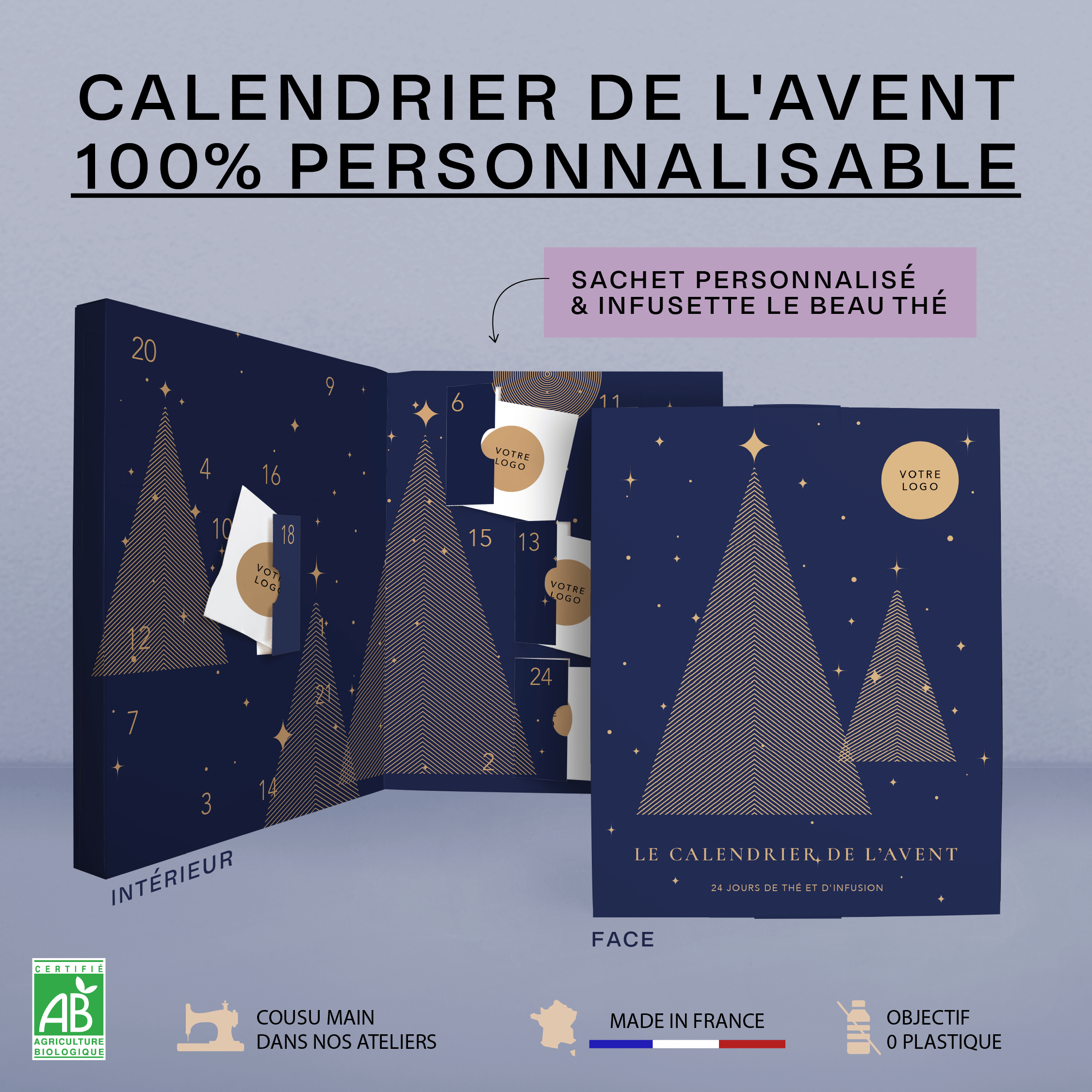 Calendrier de l'Avent personnalisé -  Infusette neutre Le Beau Thé avec surenveloppe en papier luxe (PRO)